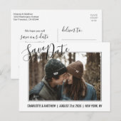 モダンで黒い原稿の結婚式の保存写真が付いている日付 案内ポストカード (正面/裏面)