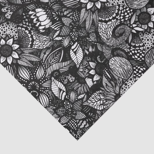 モダンで黒い及び白によって描かれる花のコラージュ 薄葉紙 (詳細)