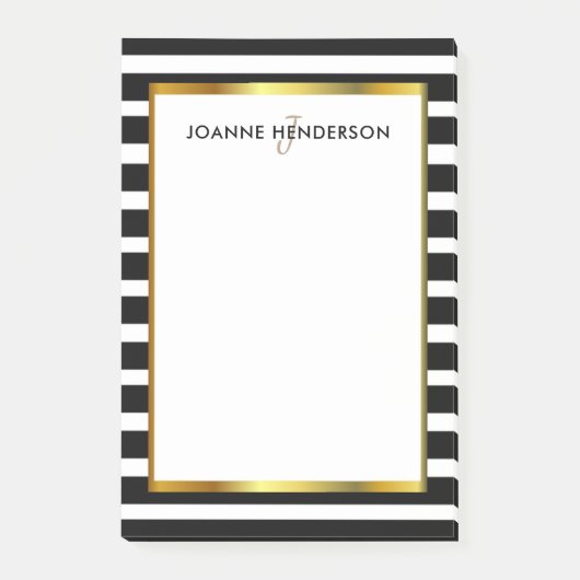 モダンで黒い及び白のストライブ柄の金ゴールドのモノグラムの名前 ポストイット (正面)