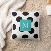 モダンで黒い点のストライプなティール(緑がかった色)のモノグラム クッション (ブランケット)