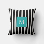 モダンで黒い点のストライプなティール(緑がかった色)のモノグラム クッション (裏面)