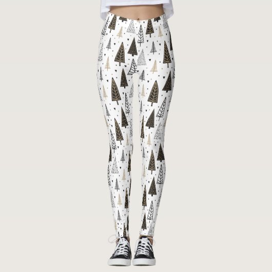 モダンで黒い金ゴールドの手描きの松の木 レギンス (正面)