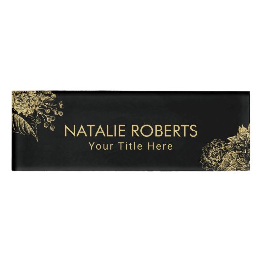モダンで黒い金ゴールドの花のメーキャップアーティストのヘアーサロン 名札 (正面)