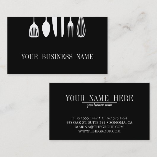 モダンで黒く及び白いスプーンおよびフォークのレストラン 名刺 (正面/裏面)