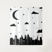 モダンで黒く及び白い都市景観の夜空 タペストリー (正面)