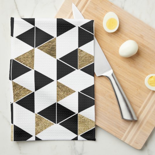モダンで黒く、白く、およびフェイクな金ゴールドの三角形 キッチンタオル (四つ折り)
