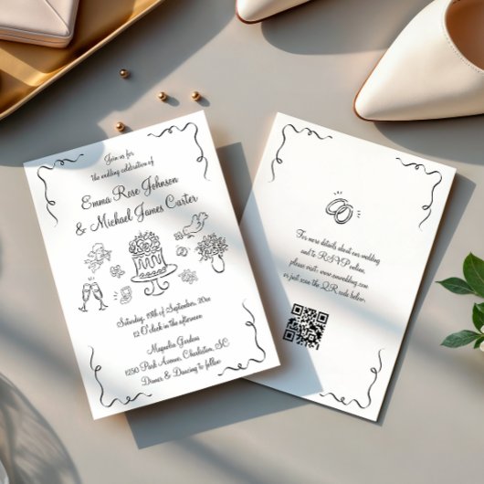 モダンで whimsicalな手描きQRコードのウェディング 招待状