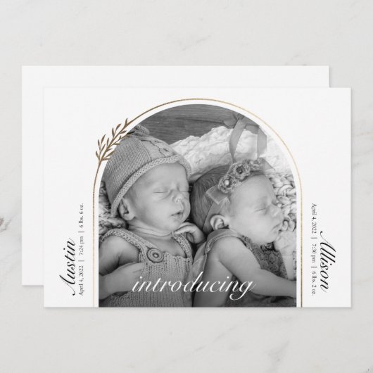 モダンとゴールデンエレガントアーチツインズ誕生 案内状 (正面/裏面)