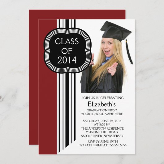 モダンなあずき色の黒い写真の卒業パーティー 招待状 (正面/裏面)