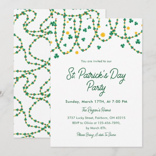 モダンなおしゃれクローバー Saint Patrick's Day 招待状 (正面/裏面)