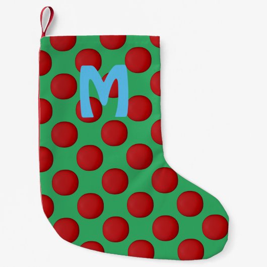 モダンなおしゃれモノグラム 赤い水玉 スモールクリスマスストッキング (正面)
