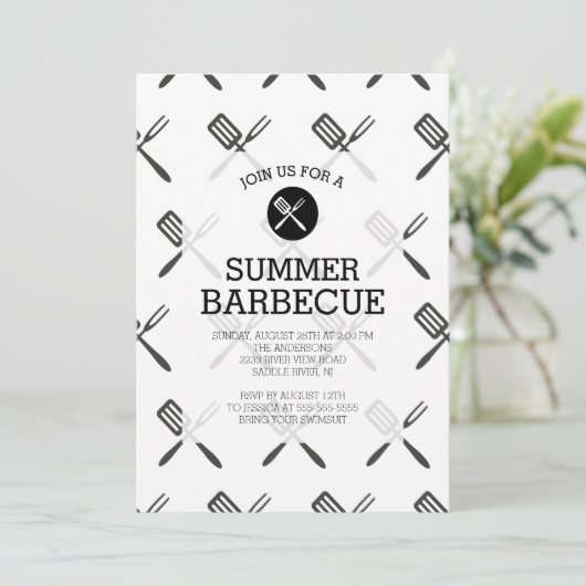 モダンなおもしろいの白黒の夏のバーベキューのパーティー 招待状 (スタンド正面)