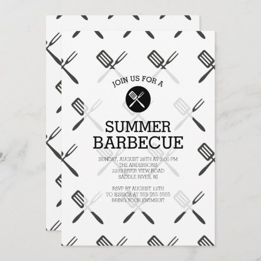 モダンなおもしろいの白黒の夏のバーベキューのパーティー 招待状 (正面/裏面)