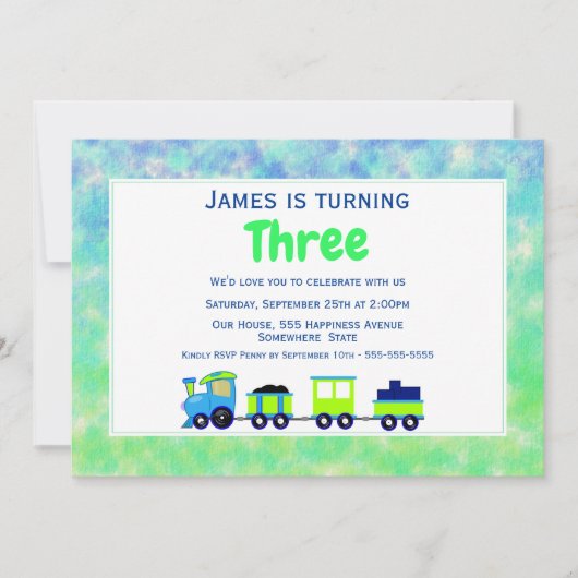モダンなおもちゃの列車の水彩 3歳の誕生日パーティー 招待状 (正面)