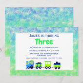 モダンなおもちゃの列車の水彩 3歳の誕生日パーティー 招待状 (正面/裏面)