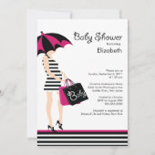 モダンなお母さんの女の赤ちゃんのシャワーの粋で黒い及びショッキングピンク 招待状 (正面)