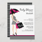 モダンなお母さんの女の赤ちゃんのシャワーの粋で黒い及びショッキングピンク 招待状 (正面/裏面)
