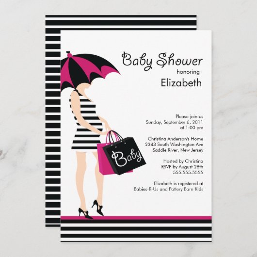 モダンなお母さんの女の赤ちゃんのシャワーの粋で黒い及びショッキングピンク 招待状 (正面/裏面)