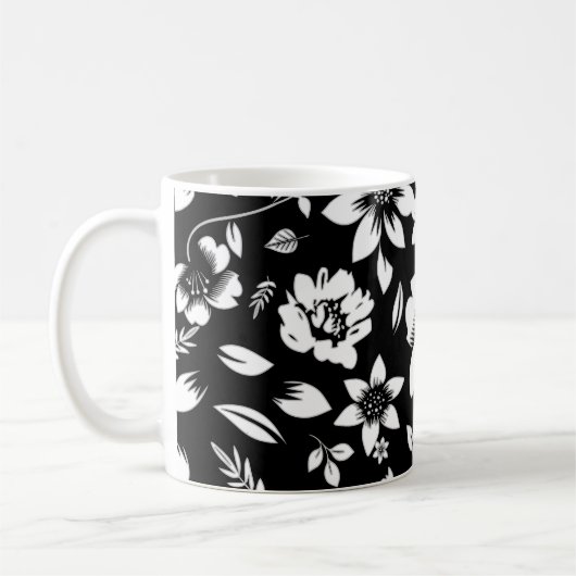 モダンなお花と舞う葉っぱ モノクロ コーヒーマグカップ (左)