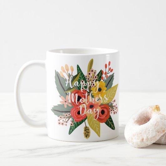 モダンなお花のスクリプトでハッピーな母の日を コーヒーマグカップ (ドーナツ)