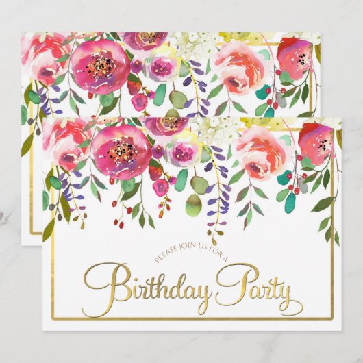 モダンなお花の水彩画の誕生日パーティー 招待状 (正面/裏面)