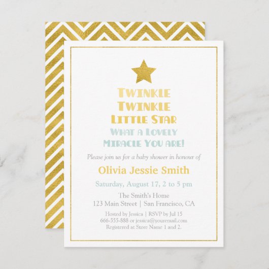 モダンなきらめきのきらめき少し星のベビーシャワー 招待状 (正面/裏面)