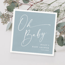 モダンなくすみブルーの「Oh Baby」スクリプト ベビーシャワー スタンダードカクテルナプキン