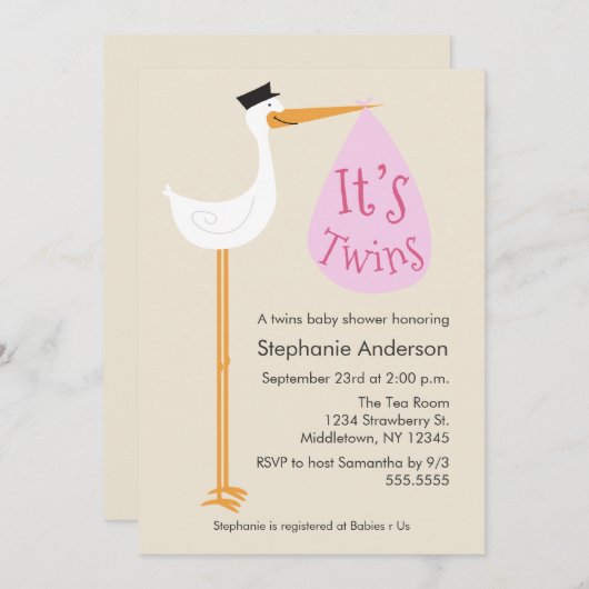 モダンなこうのとりのベビーシャワーの招待状-対の女の子 招待状 (正面/裏面)