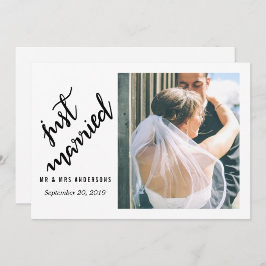 モダンなたった今結婚しましたの手書きの結婚式の写真 案内状 (正面/裏面)