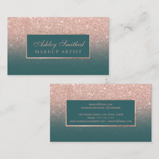 モダンなのどのばら色の金ゴールドのグリッターのティール(緑がかった色)のグラデーションな化粧 名刺 (正面/裏面)