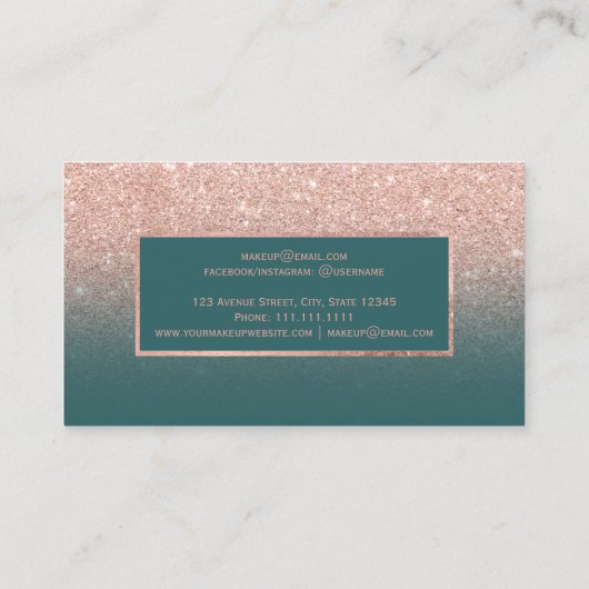 モダンなのどのばら色の金ゴールドのグリッターのティール(緑がかった色)のグラデーションな化粧 名刺 (裏面)