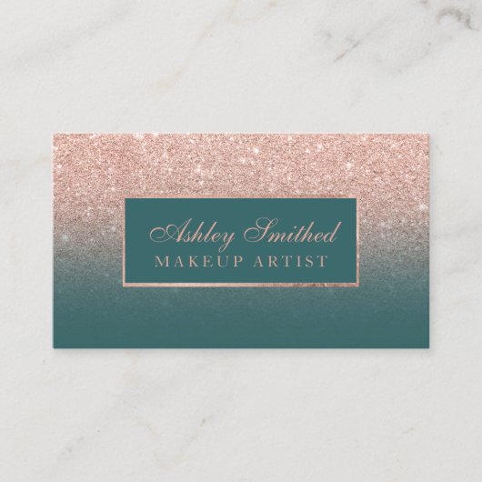 モダンなのどのばら色の金ゴールドのグリッターのティール(緑がかった色)のグラデーションな化粧 名刺 (正面)