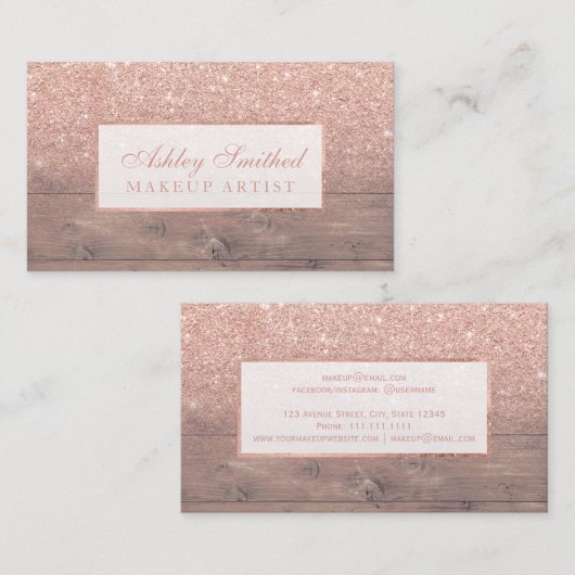 モダンなのどのばら色の金ゴールドのグリッターの木製のグラデーションな化粧 名刺 (正面/裏面)