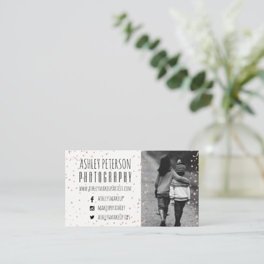 モダンなのどのばら色の金ゴールドの紙吹雪の写真撮影 名刺 (スタンド正面)