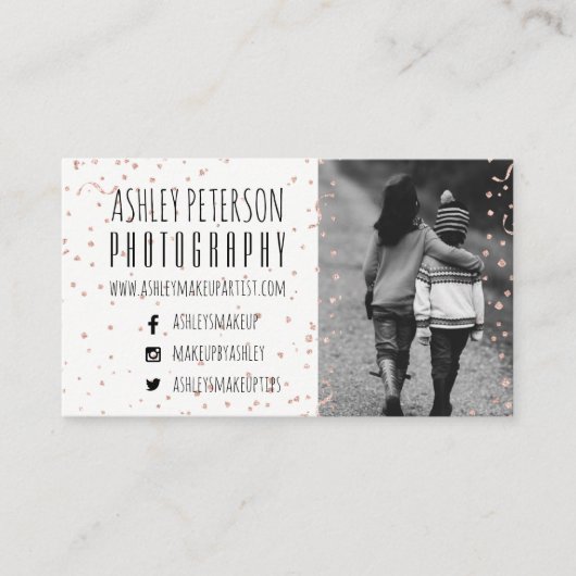 モダンなのどのばら色の金ゴールドの紙吹雪の写真撮影 名刺 (正面)