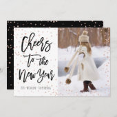 モダンなのどのばら色の金ゴールドの紙吹雪の新年のタイポグラフィ シーズンカード (正面/裏面)