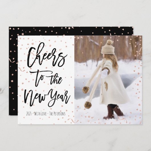 モダンなのどのばら色の金ゴールドの紙吹雪の新年のタイポグラフィ シーズンカード (正面/裏面)