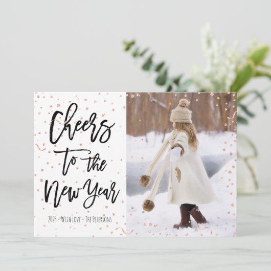 モダンなのどのばら色の金ゴールドの紙吹雪の新年のタイポグラフィ シーズンカード (スタンド正面)