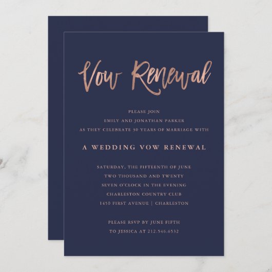 モダンなのどのばら色の金ゴールドの結婚式誓約の更新 招待状 (正面/裏面)