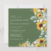 モダンなひまわりグリーンスクエア両親なし結婚式 招待状 (正面)