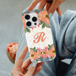 モダンなひよこモノグラムのピーチウォーターカラーフラワー R iPhone 15 PROケース
