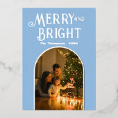 モダンなアイスブルー＆シルバーのクリスマス写真 箔シーズンカード (正面)