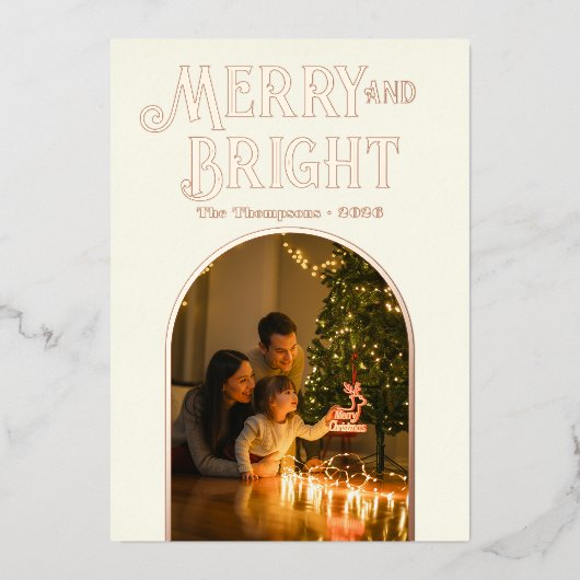モダンなアイボリーとローズゴールドのクリスマス写真 箔シーズンカード (正面)