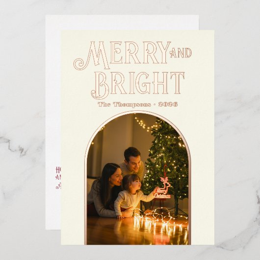 モダンなアイボリーとローズゴールドのクリスマス写真 箔シーズンカード (正面/裏面)