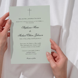 モダンなアッシュグリーンの十字架 フォーマルな結婚式 招待状