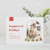 モダンなアーチとカラフルなツリーの写真クリスマスカード 招待状 (スタンド正面)