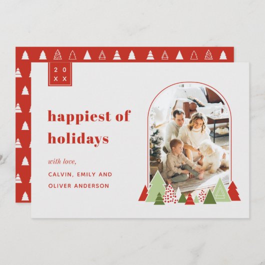 モダンなアーチとカラフルなツリーの写真クリスマスカード 招待状 (正面/裏面)