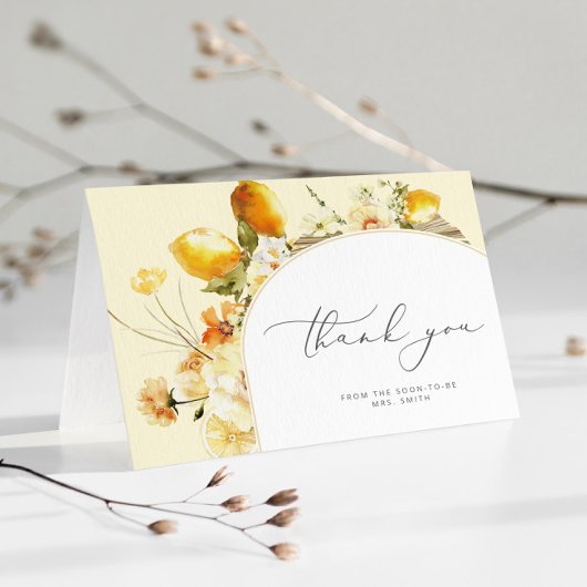 モダンなアーチのレモン ウェディングシャワー サンキューカード