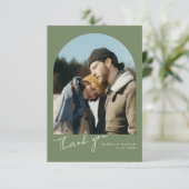 モダンなアーチの2枚の写真の結婚式 ミニマリスト サージブルー サンキューカード (スタンド正面)