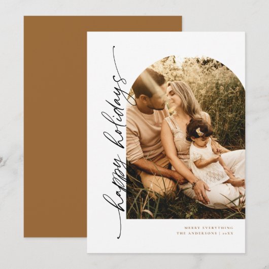 モダンなアーチスクリプトのホリデーフォトカード 招待状 (正面/裏面)